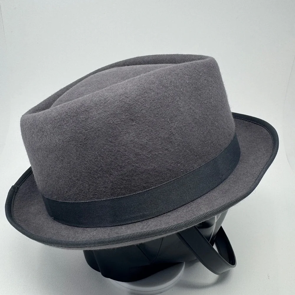 Milani Mens XL Grey 100% Wool Fedora Hat with Feather Detail and Grosgrain Band